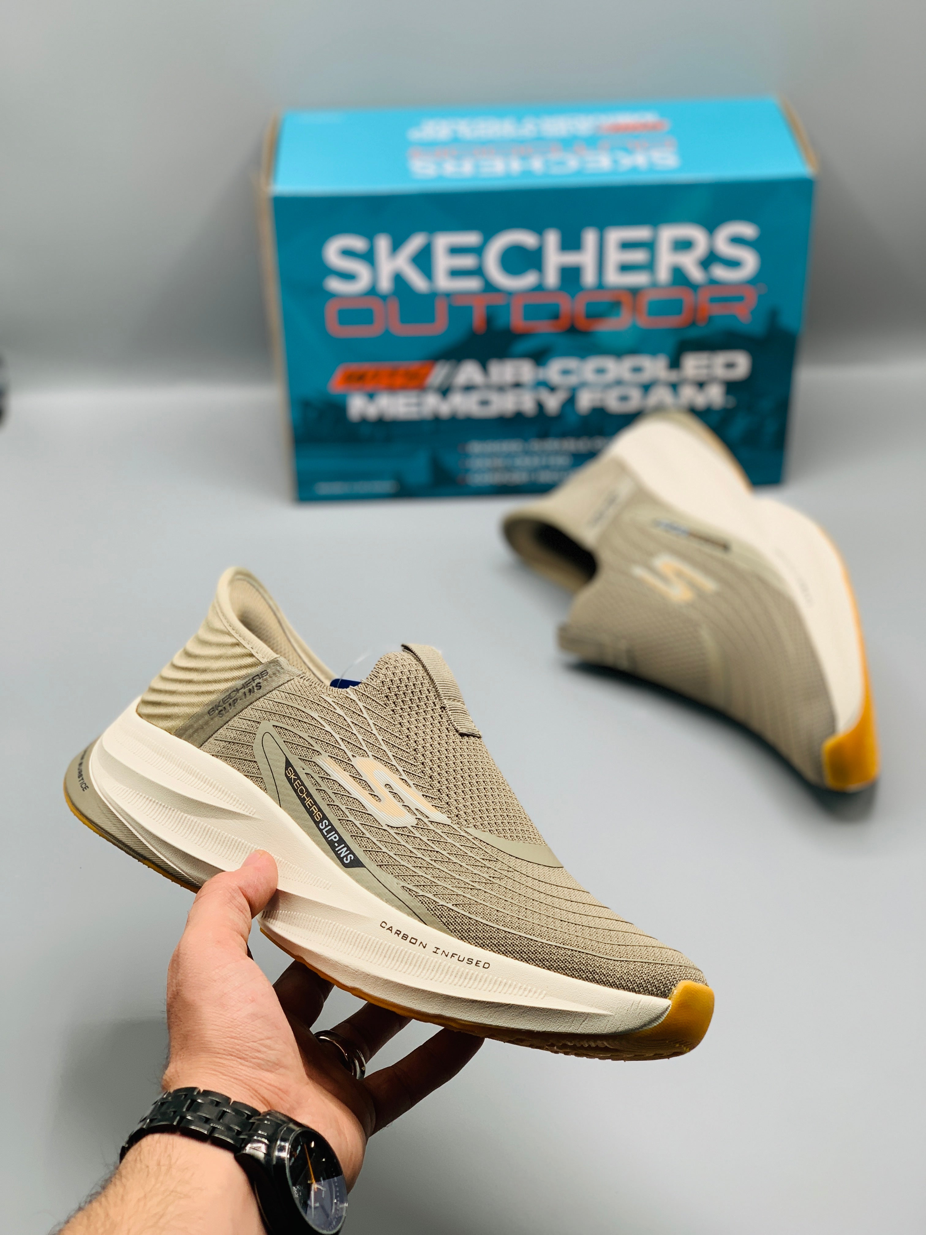 Sketchers Archfit Slip Ins "Carbon Infused" Khaki Comfortable Shoes